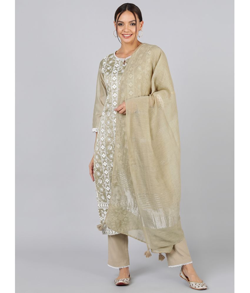     			Vaamsi Silk Blend Embroidered Kurti With Pants Women's Stitched Salwar Suit - Beige ( Pack of 1 )
