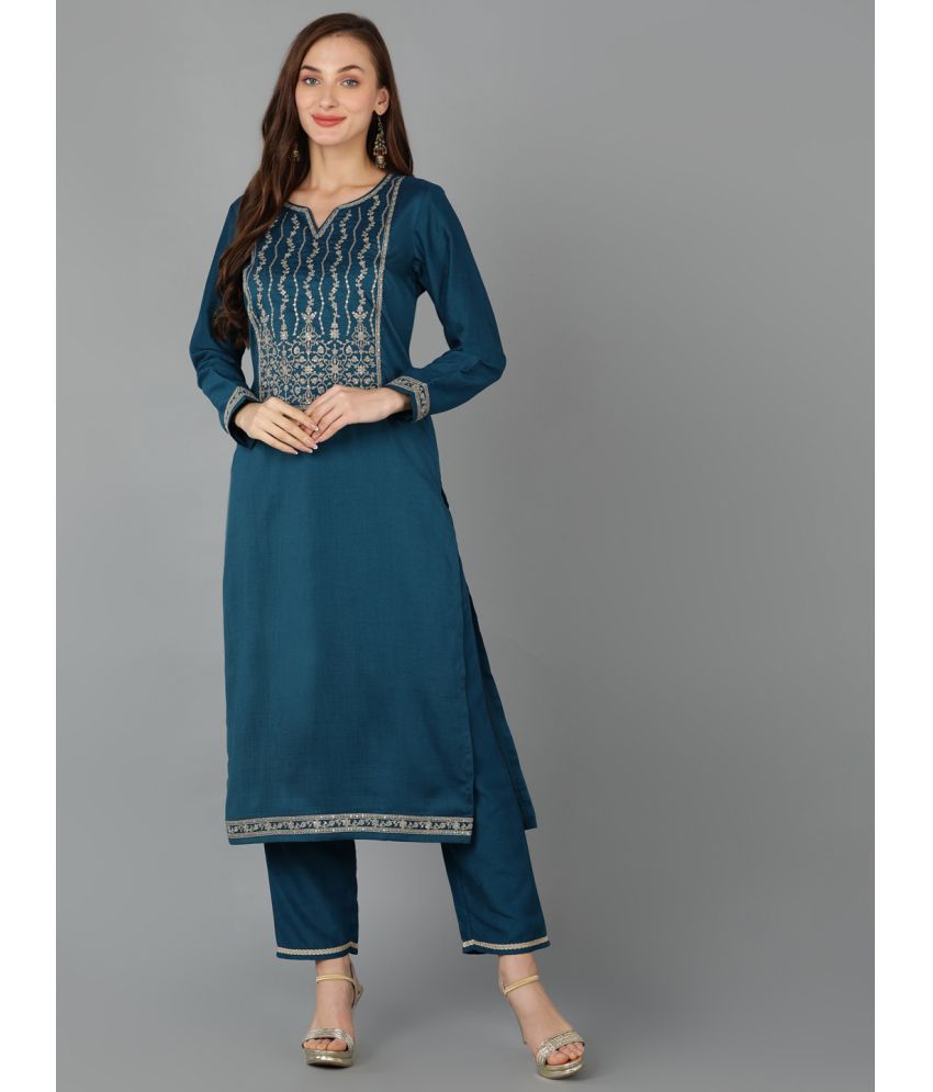     			Vaamsi Silk Blend Embroidered Straight Women's Kurti - Teal ( Pack of 1 )