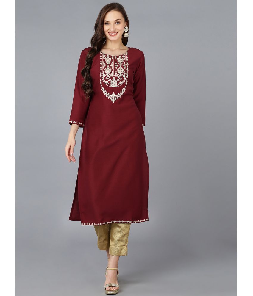     			Vaamsi Silk Blend Embroidered Straight Women's Kurti - Maroon ( Pack of 1 )