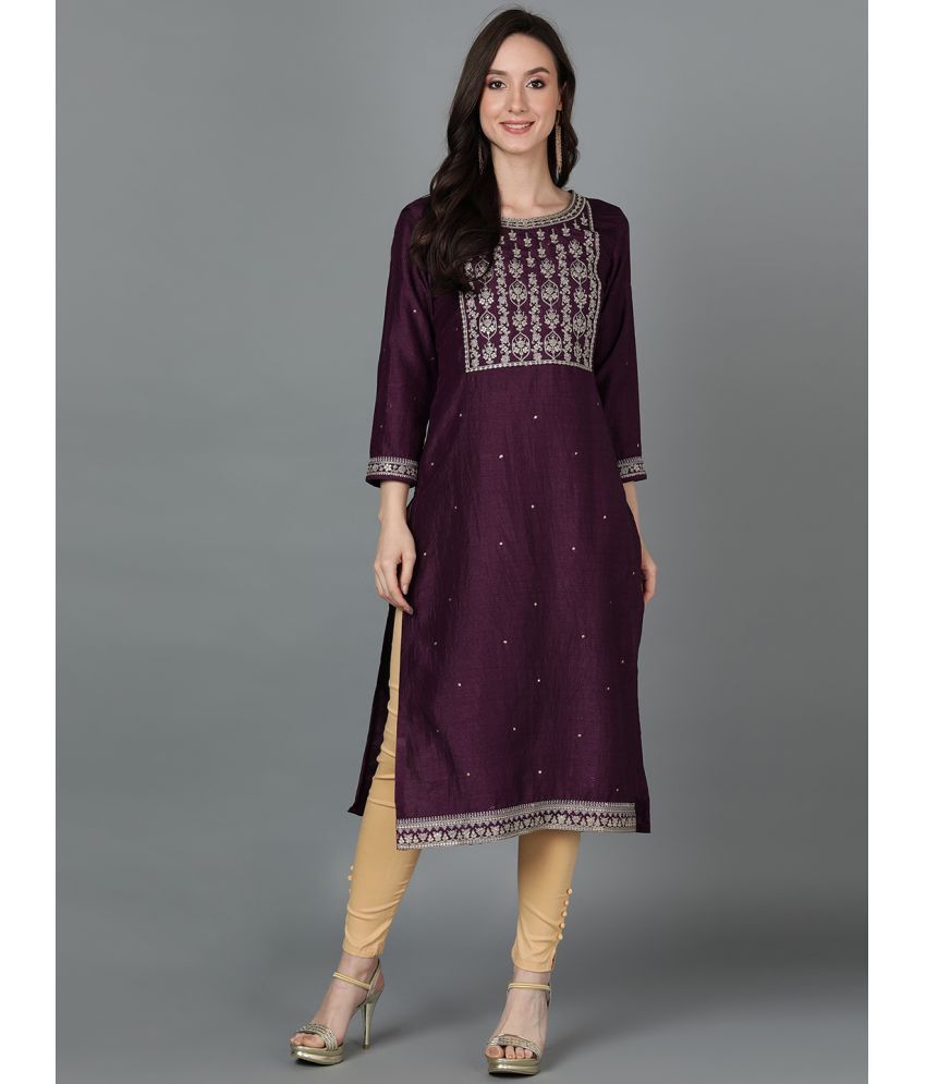     			Vaamsi Silk Blend Embroidered Straight Women's Kurti - Purple ( Pack of 1 )