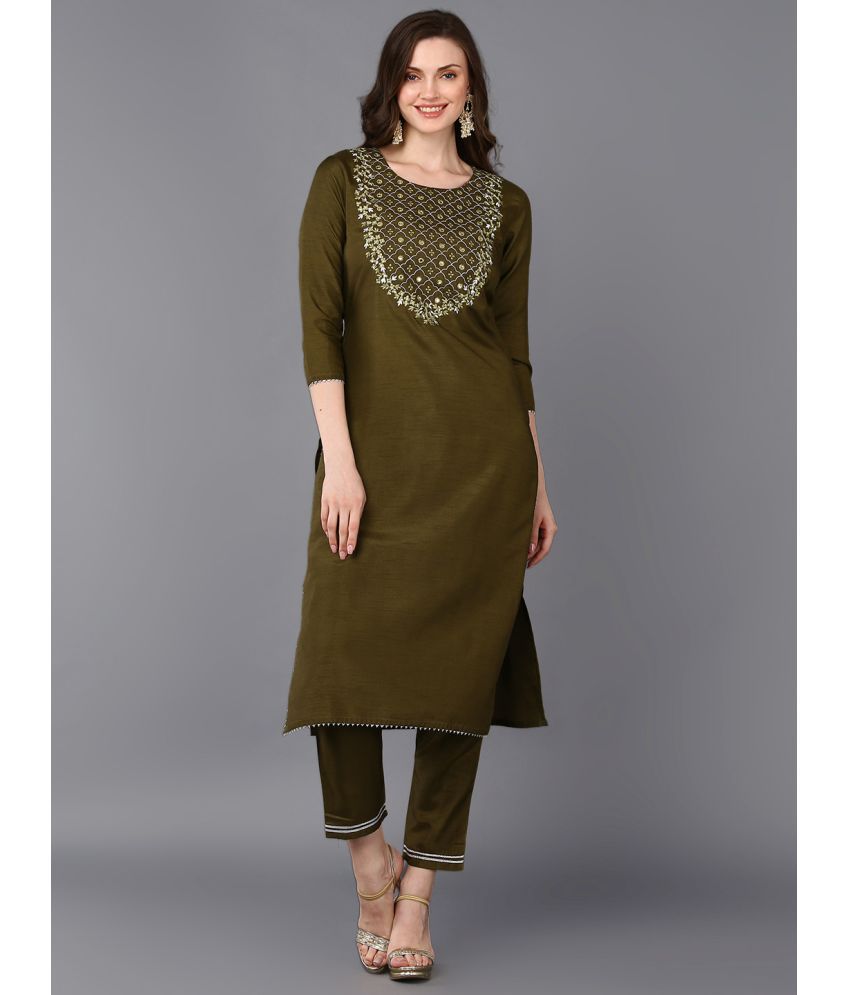     			Vaamsi Silk Blend Embroidered Straight Women's Kurti - Olive ( Pack of 1 )