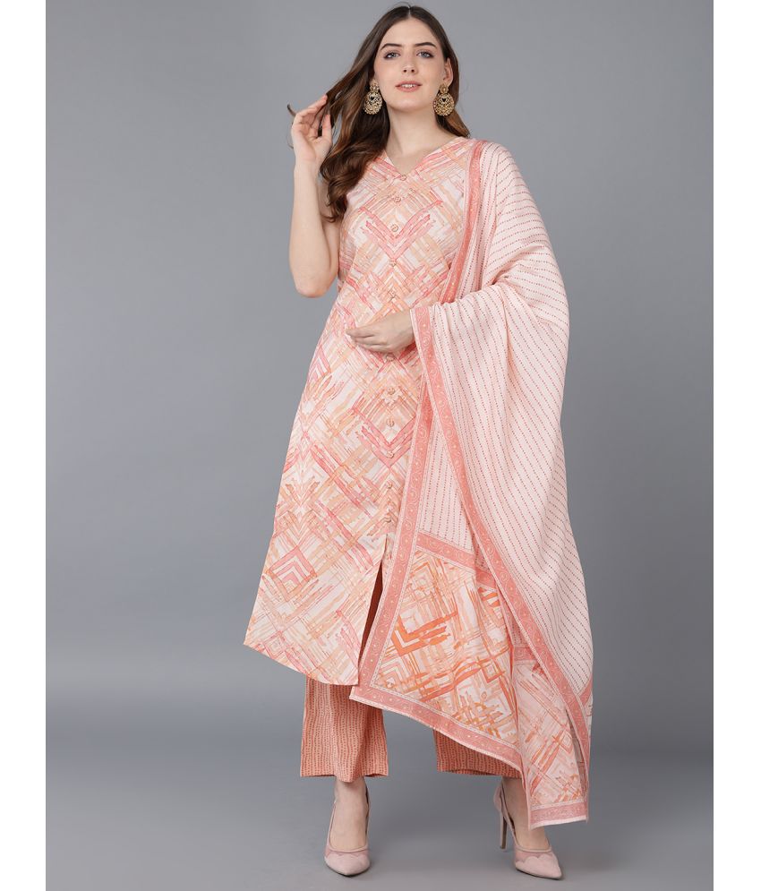     			Vaamsi Silk Blend Printed Kurti With Palazzo Women's Stitched Salwar Suit - Peach ( Pack of 1 )