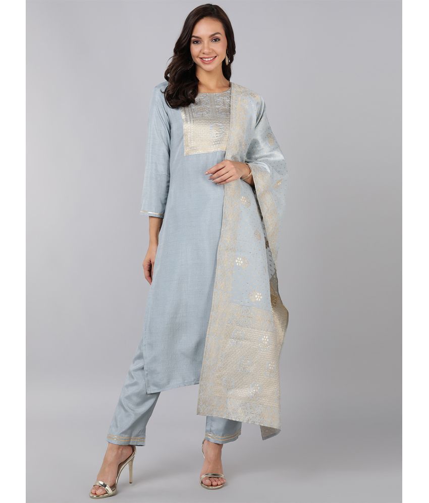     			Vaamsi Silk Blend Self Design Kurti With Pants Women's Stitched Salwar Suit - Light Grey ( Pack of 1 )