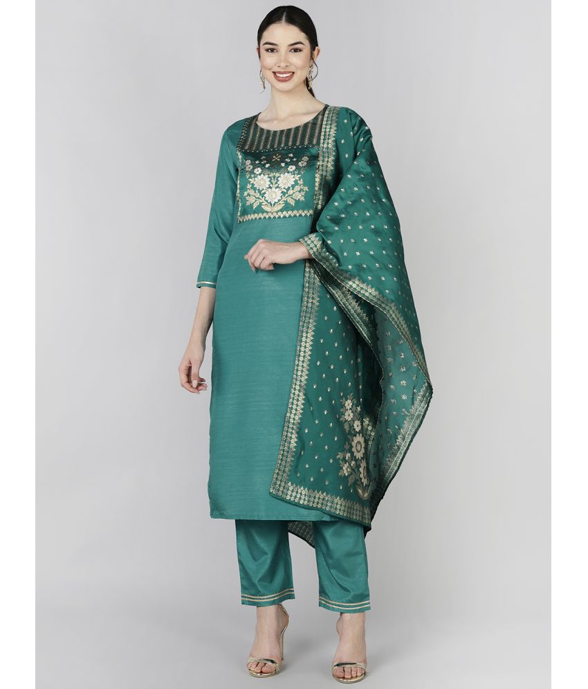     			Vaamsi Silk Blend Self Design Kurti With Pants Women's Stitched Salwar Suit - Teal ( Pack of 1 )