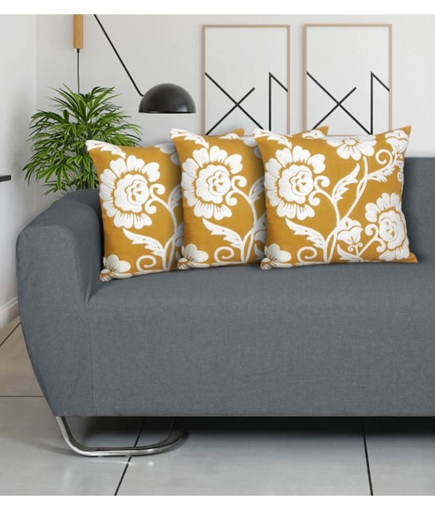     			ODE & CLEO Set of 3 Cotton Floral Square Cushion Cover (45X45)cm - Mustard