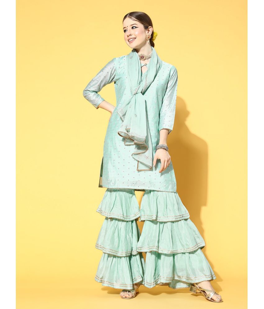     			Vaamsi Chanderi Self Design Kurti With Sharara And Gharara Women's Stitched Salwar Suit - Blue ( Pack of 1 )