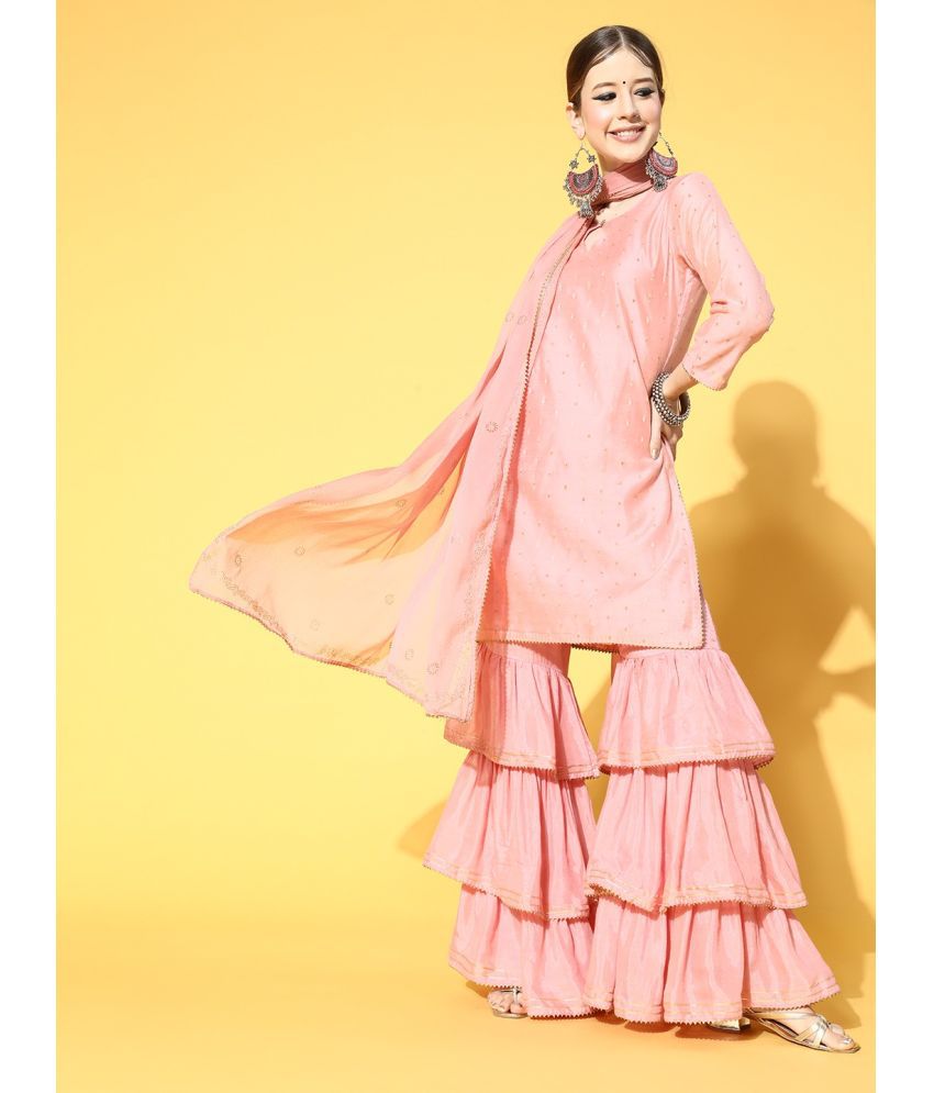     			Vaamsi Chanderi Self Design Kurti With Sharara And Gharara Women's Stitched Salwar Suit - Pink ( Pack of 1 )