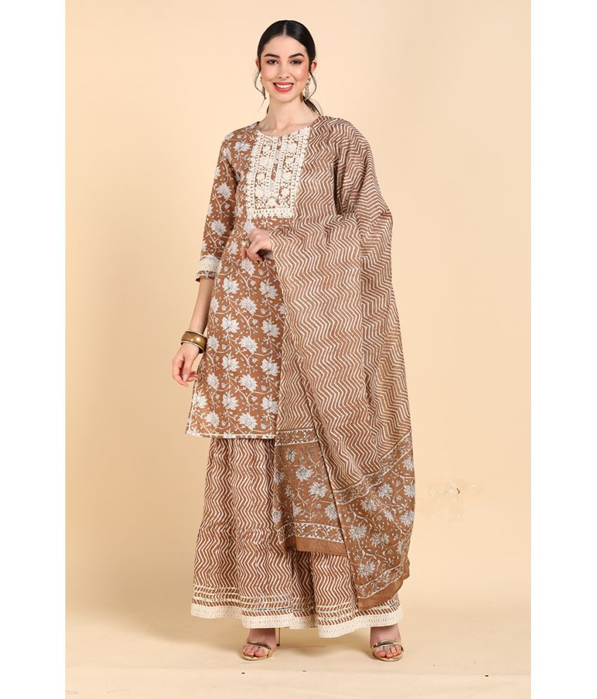     			Vaamsi Cotton Embroidered Kurti With Sharara And Gharara Women's Stitched Salwar Suit - Beige ( Pack of 1 )
