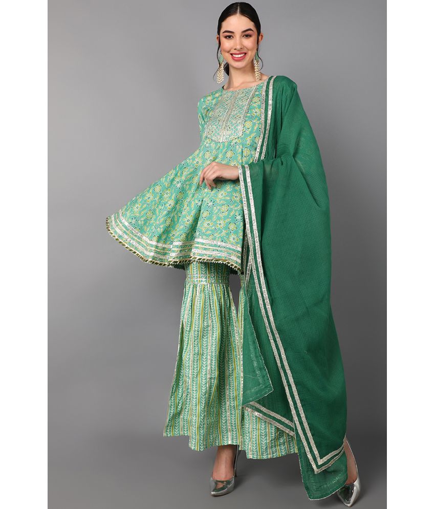     			Vaamsi Cotton Printed Kurti With Sharara And Gharara Women's Stitched Salwar Suit - Sea Green ( Pack of 1 )