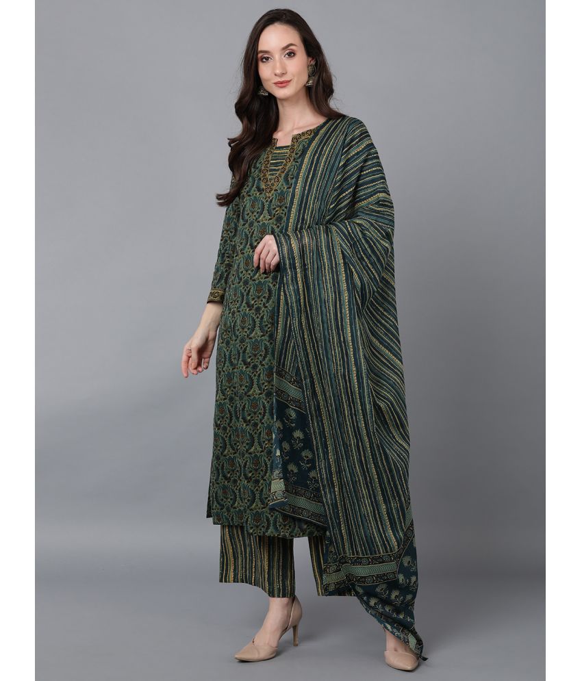     			Vaamsi Cotton Printed Kurti With Palazzo Women's Stitched Salwar Suit - Green ( Pack of 1 )