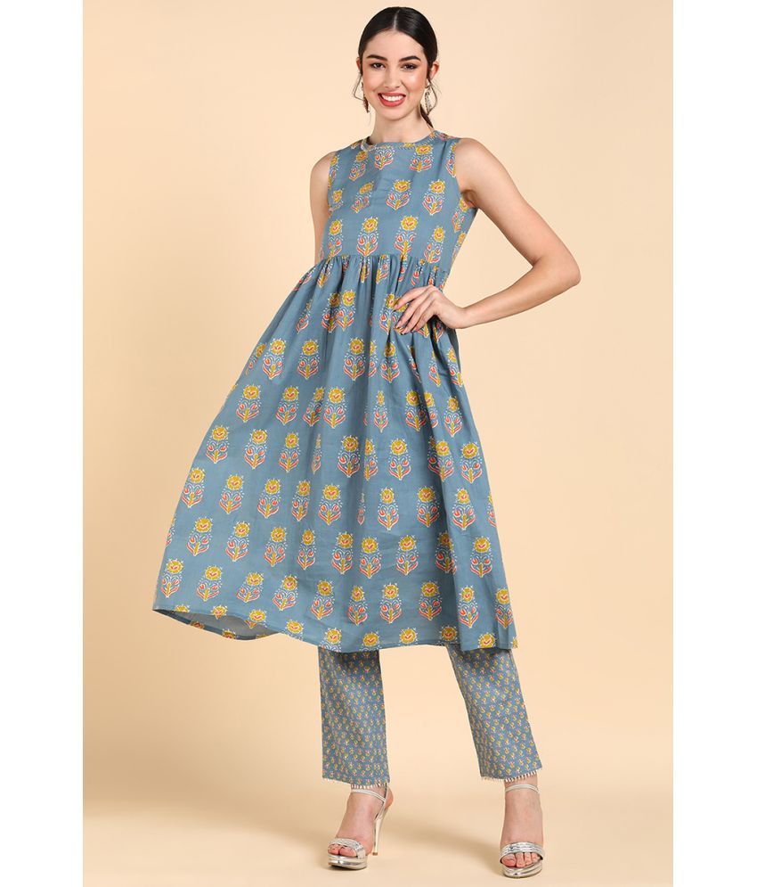     			Vaamsi Cotton Printed Kurti With Pants Women's Stitched Salwar Suit - Blue ( Pack of 1 )