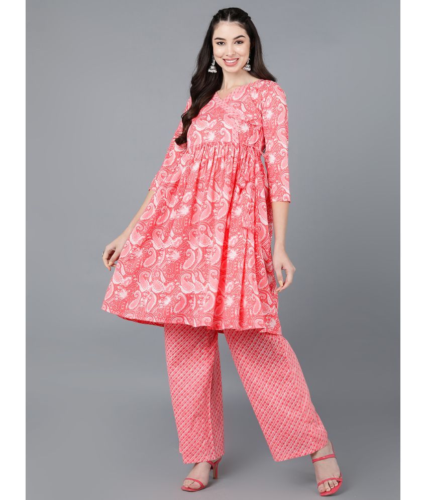     			Vaamsi Cotton Printed Kurti With Palazzo Women's Stitched Salwar Suit - Pink ( Pack of 1 )