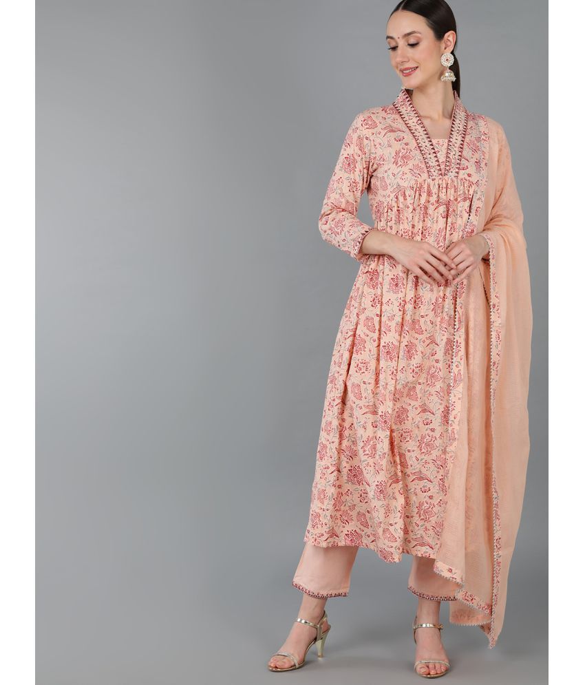     			Vaamsi Cotton Printed Kurti With Pants Women's Stitched Salwar Suit - Peach ( Pack of 1 )