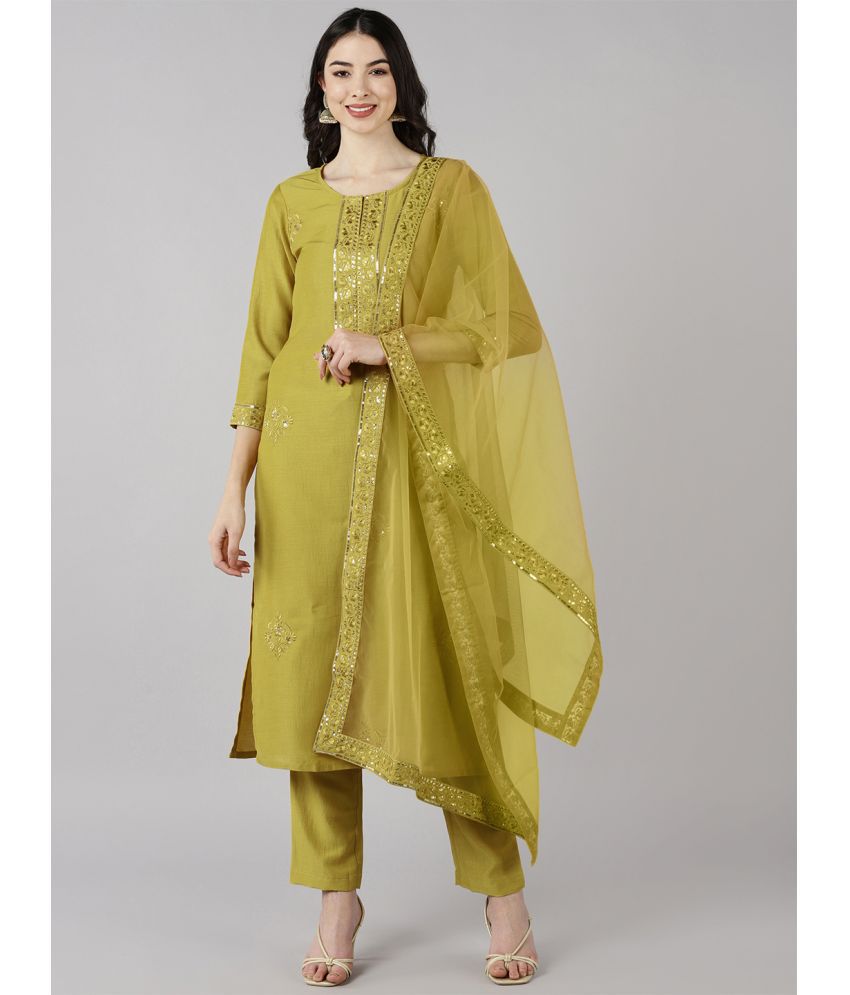     			Vaamsi Silk Blend Embroidered Kurti With Pants Women's Stitched Salwar Suit - Mustard ( Pack of 1 )