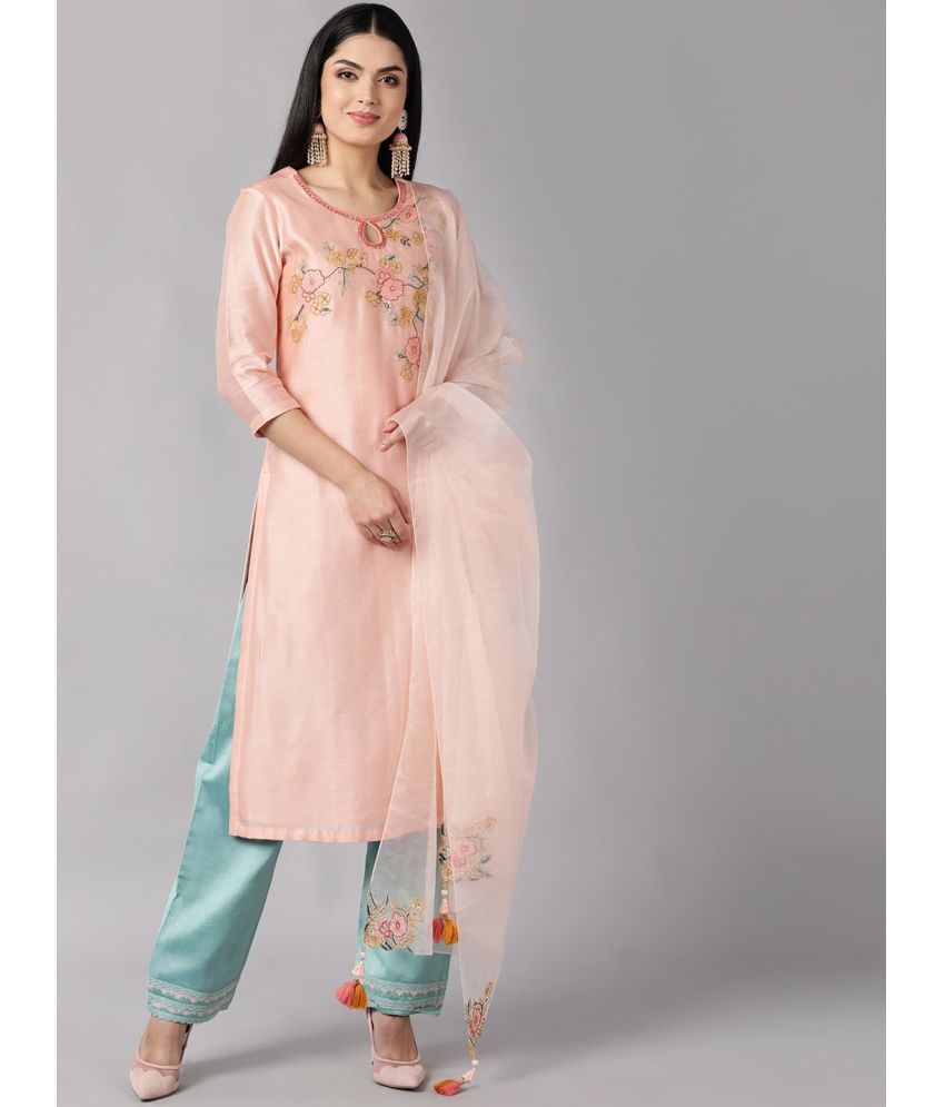     			Vaamsi Silk Blend Embroidered Kurti With Pants Women's Stitched Salwar Suit - Peach ( Pack of 1 )