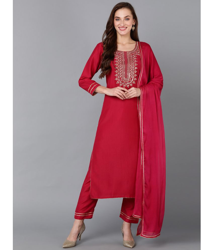     			Vaamsi Silk Blend Embroidered Kurti With Pants Women's Stitched Salwar Suit - Red ( Pack of 1 )