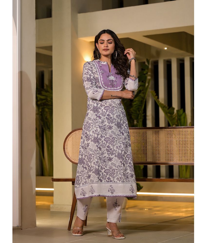     			Yufta Cotton Printed Kurti With Pants Women's Stitched Salwar Suit - Purple ( Pack of 1 )