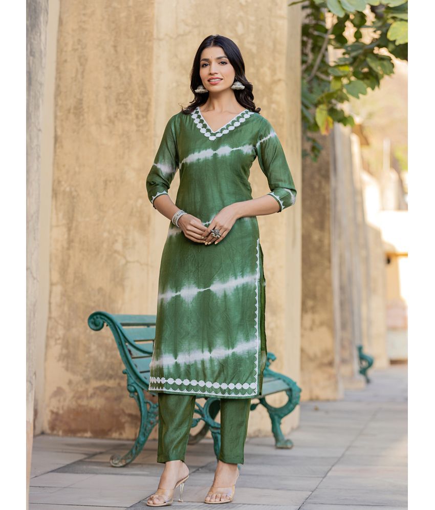     			Yufta Silk Blend Dyed Kurti With Pants Women's Stitched Salwar Suit - Green ( Pack of 1 )