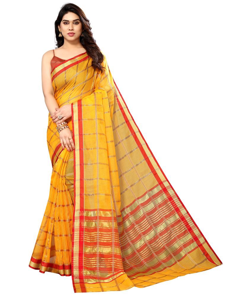     			Sidhidata Cotton Checks Saree With Blouse Piece - Gold ( Pack of 1 )