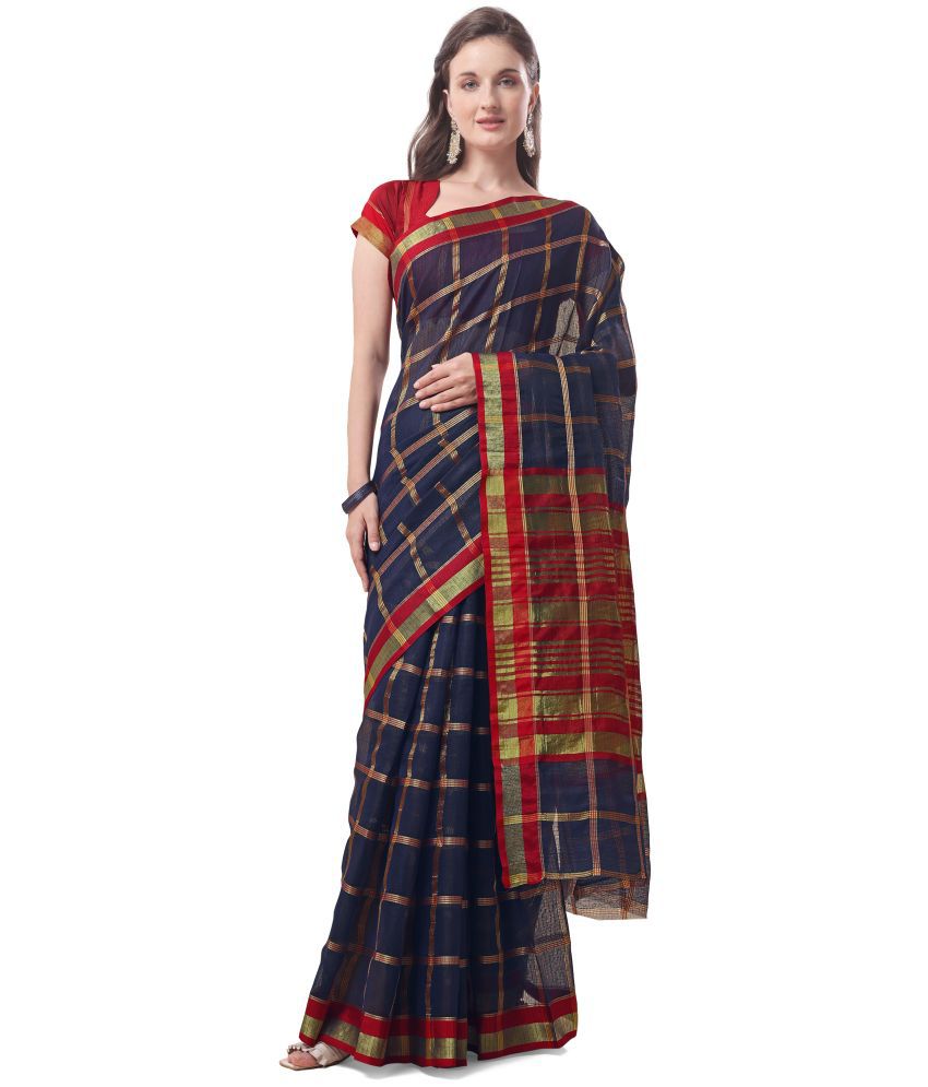     			Sidhidata Cotton Checks Saree With Blouse Piece - Navy Blue ( Pack of 1 )