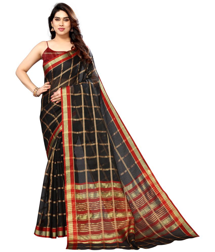     			Sidhidata Cotton Checks Saree With Blouse Piece - Black ( Pack of 1 )