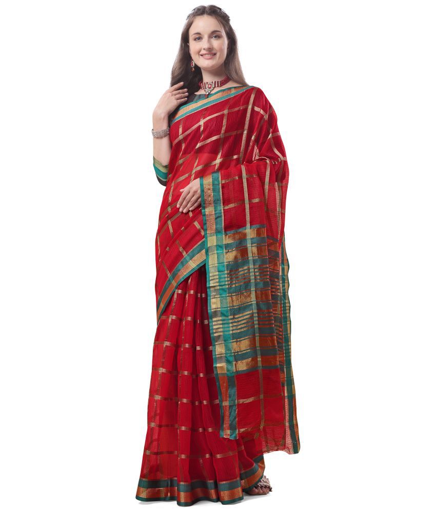     			Sidhidata Cotton Checks Saree With Blouse Piece - Red ( Pack of 1 )