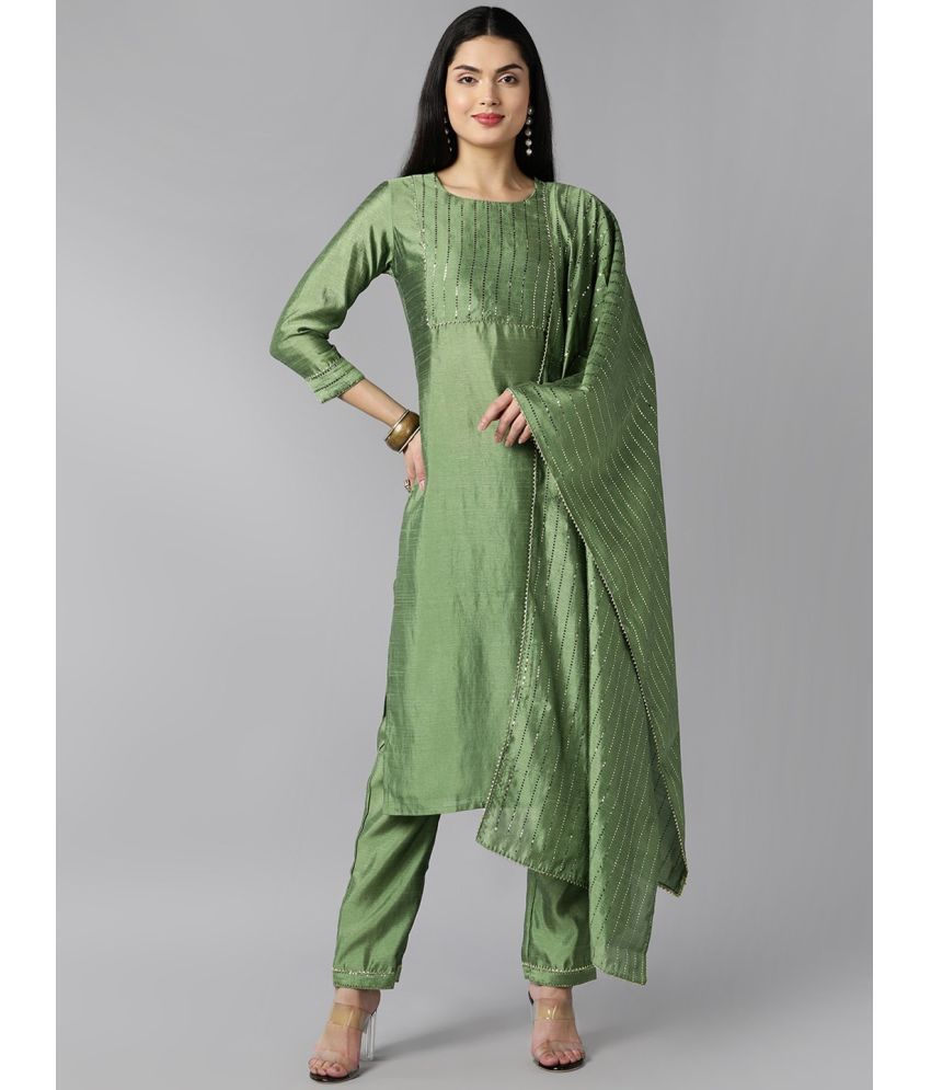     			Vaamsi Chanderi Self Design Kurti With Pants Women's Stitched Salwar Suit - Green ( Pack of 1 )