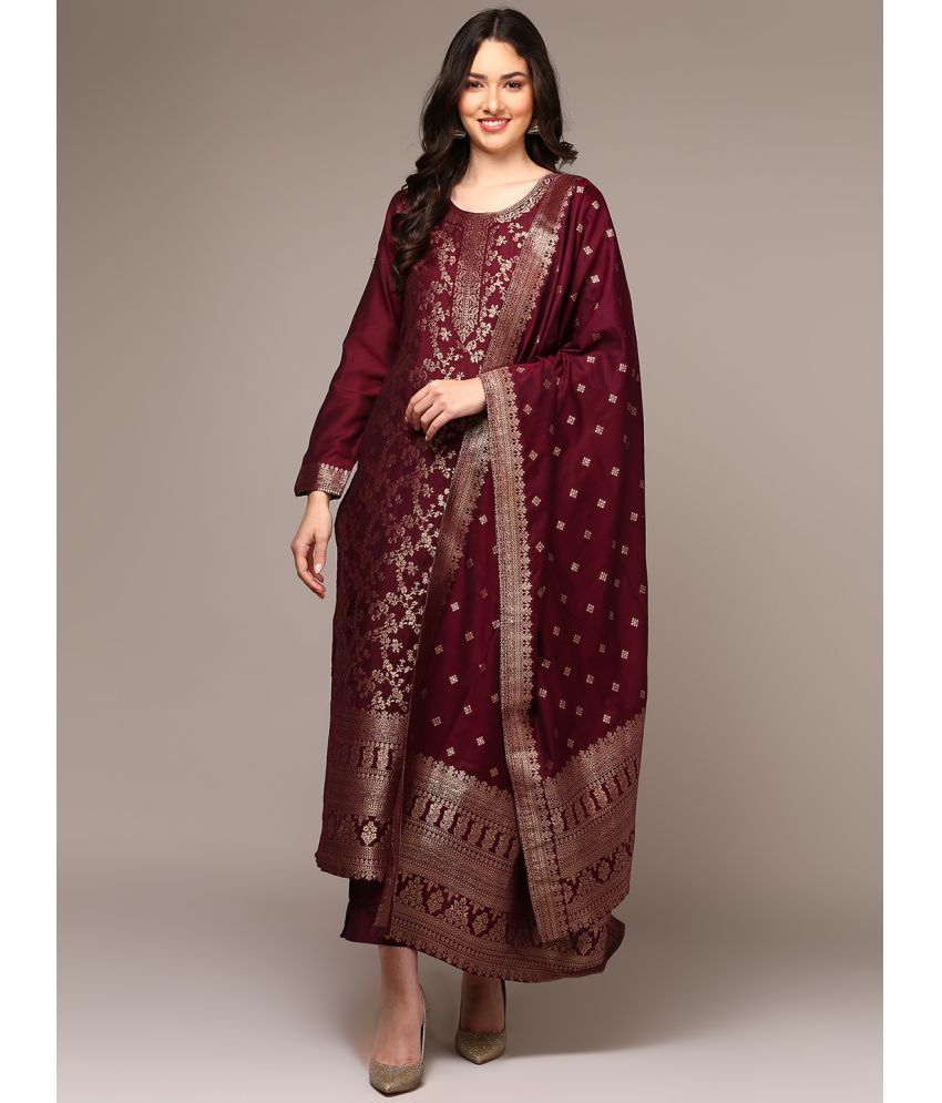     			Vaamsi Chanderi Self Design Kurti With Pants Women's Stitched Salwar Suit - Maroon ( Pack of 1 )