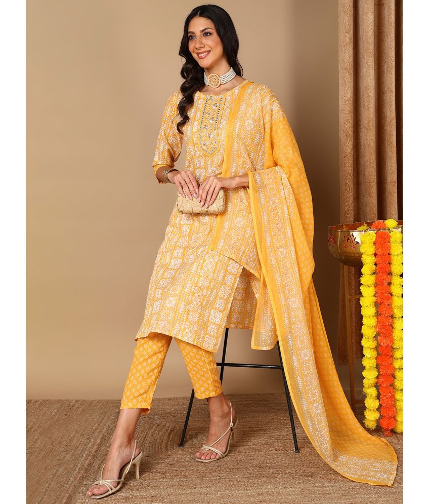     			Vaamsi Cotton Blend Embroidered Kurti With Pants Women's Stitched Salwar Suit - Yellow ( Pack of 1 )