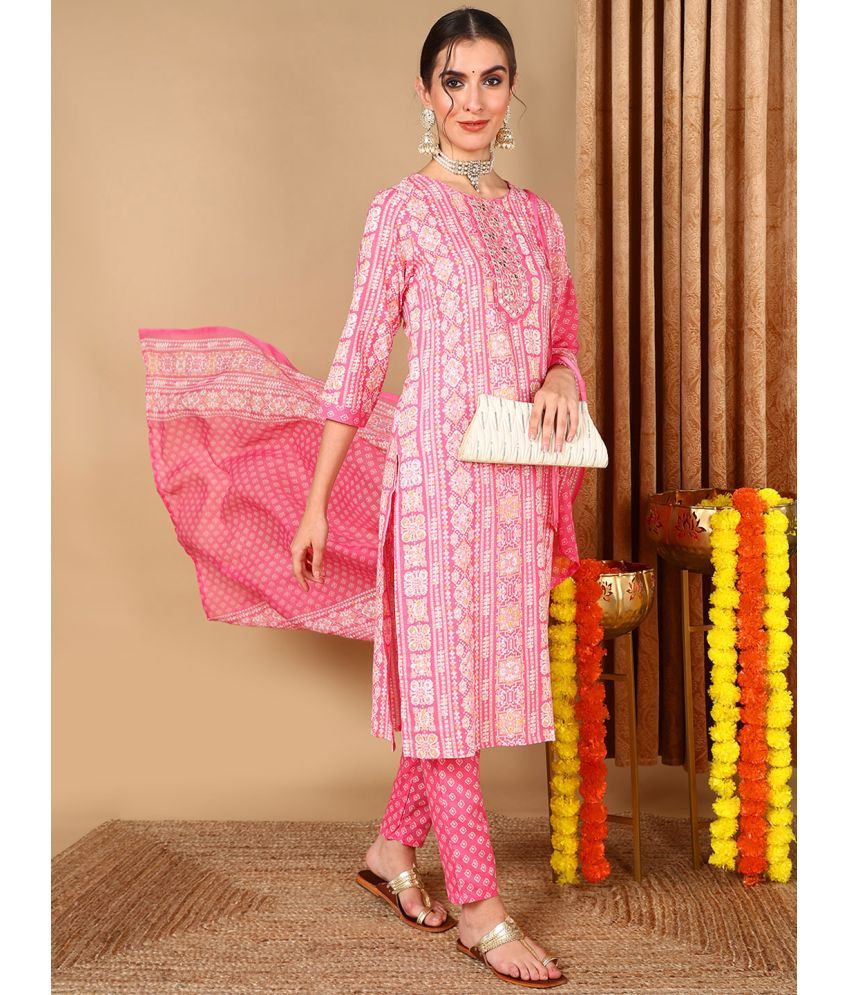     			Vaamsi Cotton Blend Embroidered Kurti With Pants Women's Stitched Salwar Suit - Pink ( Pack of 1 )