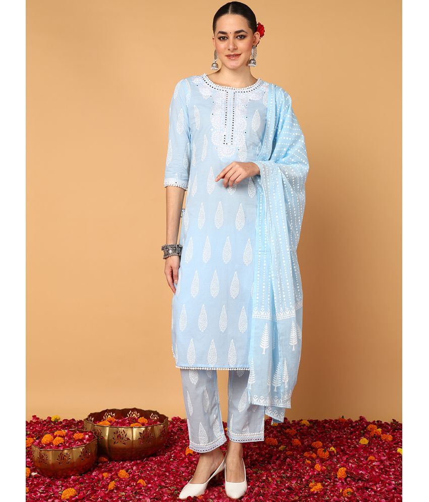     			Vaamsi Cotton Embroidered Kurti With Pants Women's Stitched Salwar Suit - Blue ( Pack of 1 )