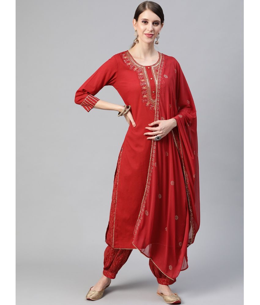     			Vaamsi Cotton Embroidered Kurti With Salwar Women's Stitched Salwar Suit - Red ( Pack of 1 )