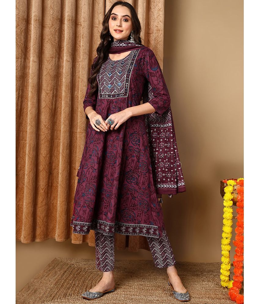     			Vaamsi Cotton Embroidered Kurti With Pants Women's Stitched Salwar Suit - Magenta ( Pack of 1 )