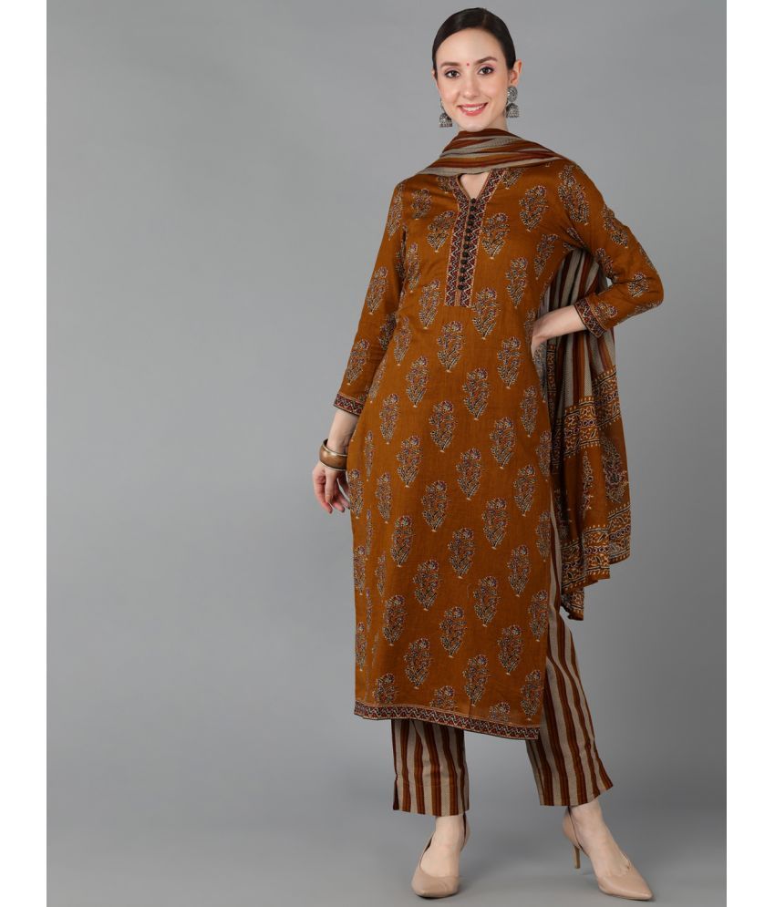     			Vaamsi Cotton Printed Kurti With Pants Women's Stitched Salwar Suit - Brown ( Pack of 1 )