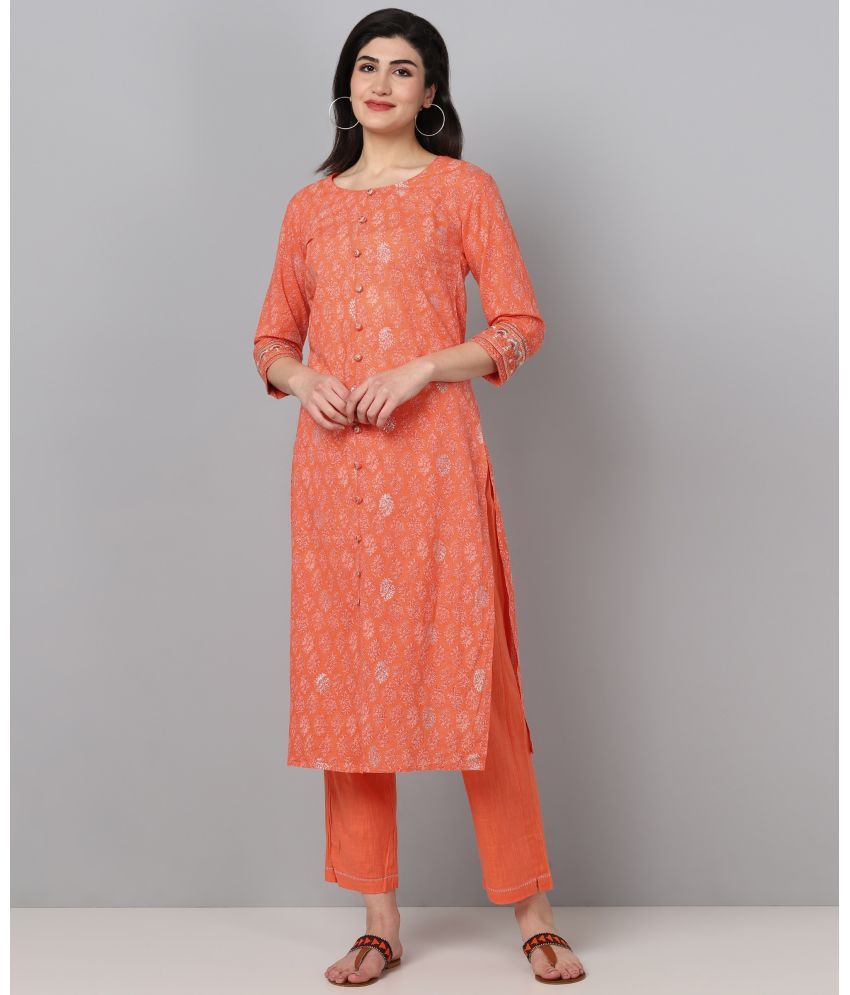     			Vaamsi Cotton Printed Kurti With Pants Women's Stitched Salwar Suit - Orange ( Pack of 1 )