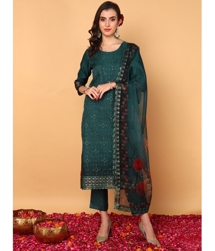     			Vaamsi Organza Embroidered Kurti With Pants Women's Stitched Salwar Suit - Green ( Pack of 1 )