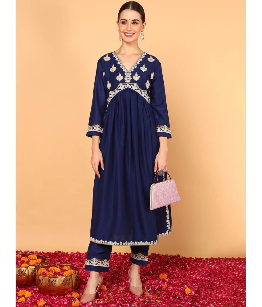     			Vaamsi Silk Blend Embroidered Kurti With Pants Women's Stitched Salwar Suit - Navy Blue ( Pack of 1 )