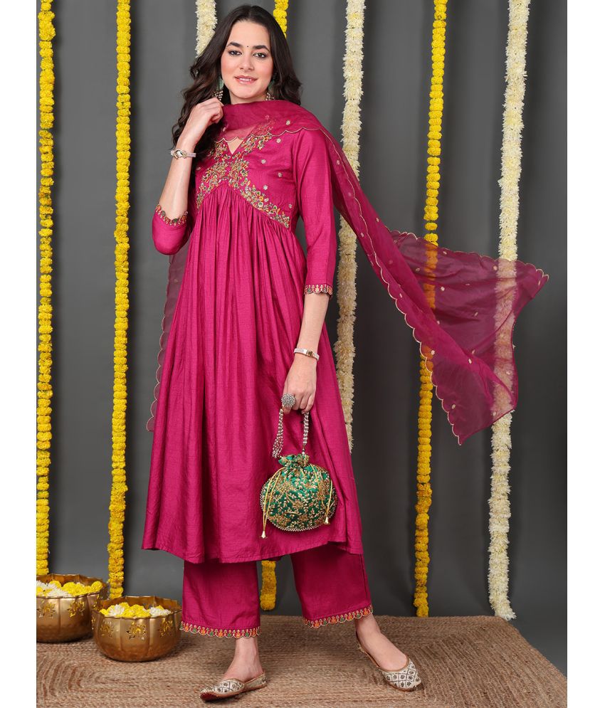     			Vaamsi Silk Blend Embroidered Kurti With Pants Women's Stitched Salwar Suit - Pink ( Pack of 1 )