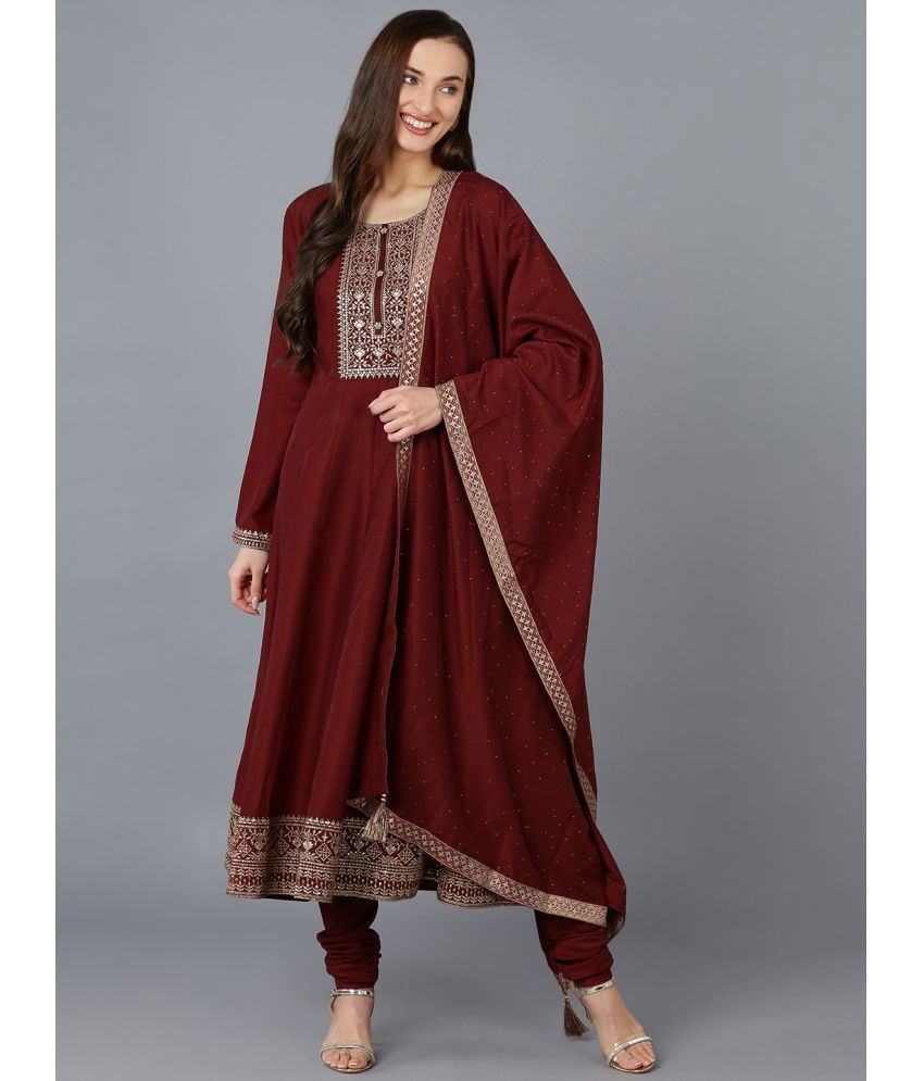     			Vaamsi Silk Blend Embroidered Kurti With Pants Women's Stitched Salwar Suit - Maroon ( Pack of 1 )