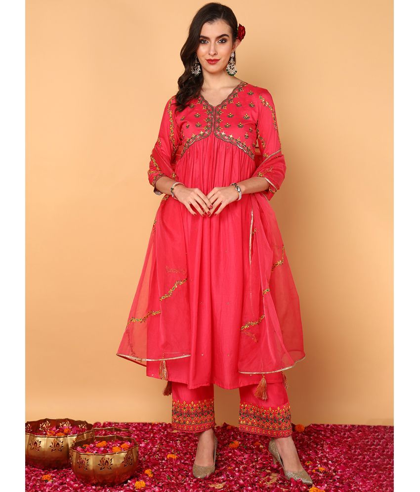     			Vaamsi Silk Blend Embroidered Kurti With Pants Women's Stitched Salwar Suit - Pink ( Pack of 1 )