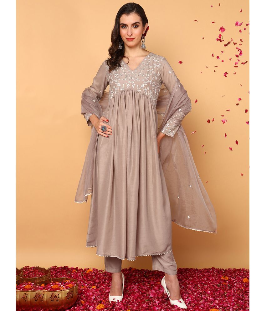     			Vaamsi Silk Blend Embroidered Kurti With Pants Women's Stitched Salwar Suit - Nude ( Pack of 1 )