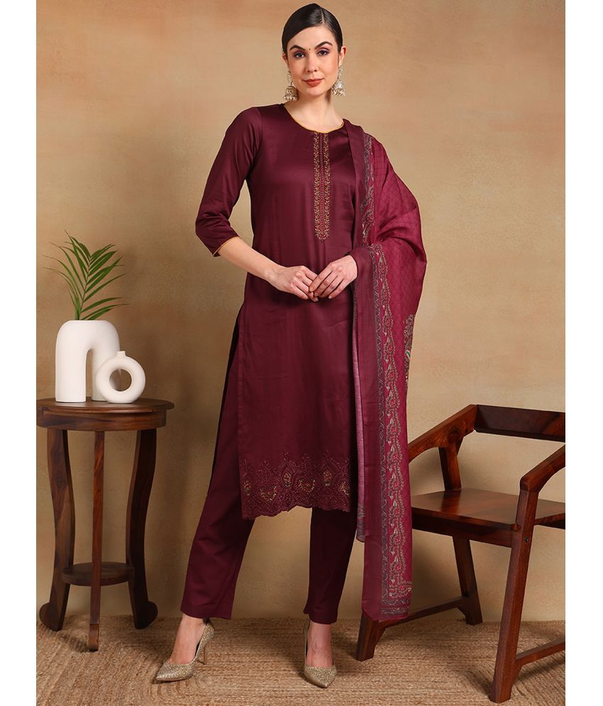     			Vaamsi Silk Blend Embroidered Kurti With Pants Women's Stitched Salwar Suit - Maroon ( Pack of 1 )