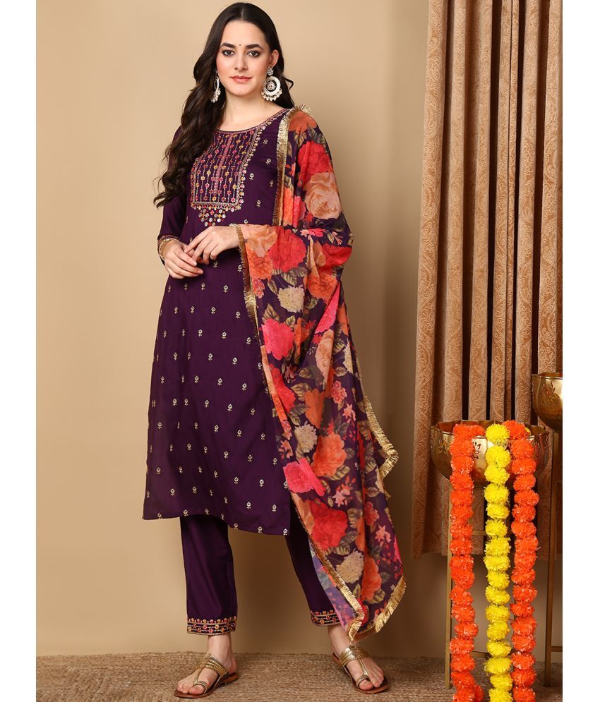     			Vaamsi Silk Blend Embroidered Kurti With Pants Women's Stitched Salwar Suit - Purple ( Pack of 1 )