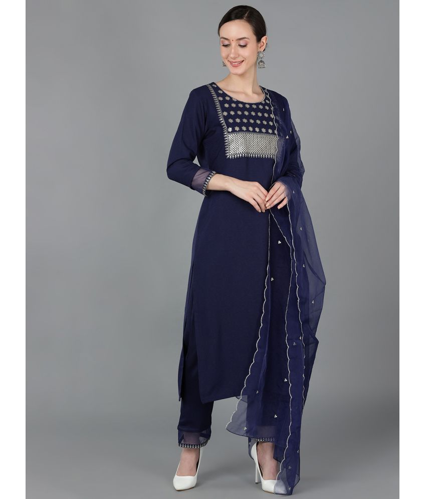     			Vaamsi Silk Blend Embroidered Kurti With Pants Women's Stitched Salwar Suit - Blue ( Pack of 1 )