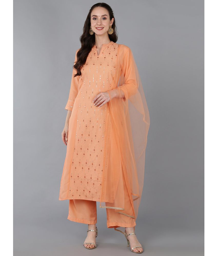     			Vaamsi Silk Blend Embroidered Kurti With Palazzo Women's Stitched Salwar Suit - Peach ( Pack of 1 )