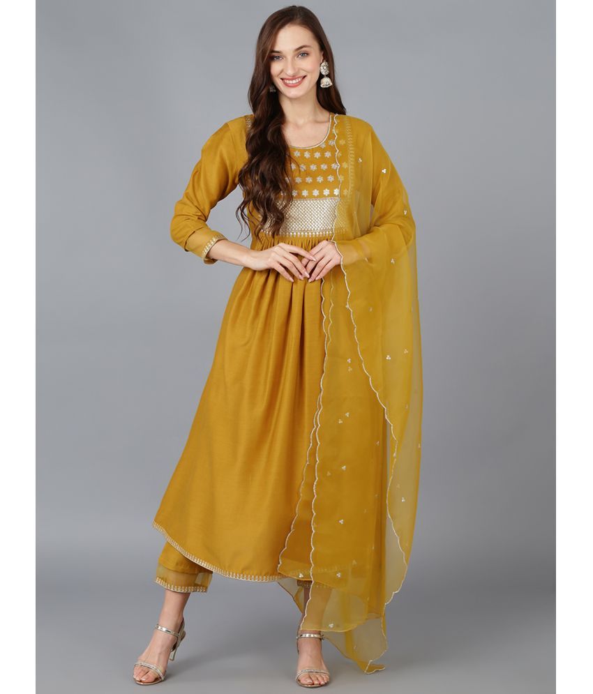     			Vaamsi Silk Blend Embroidered Kurti With Pants Women's Stitched Salwar Suit - Mustard ( Pack of 1 )