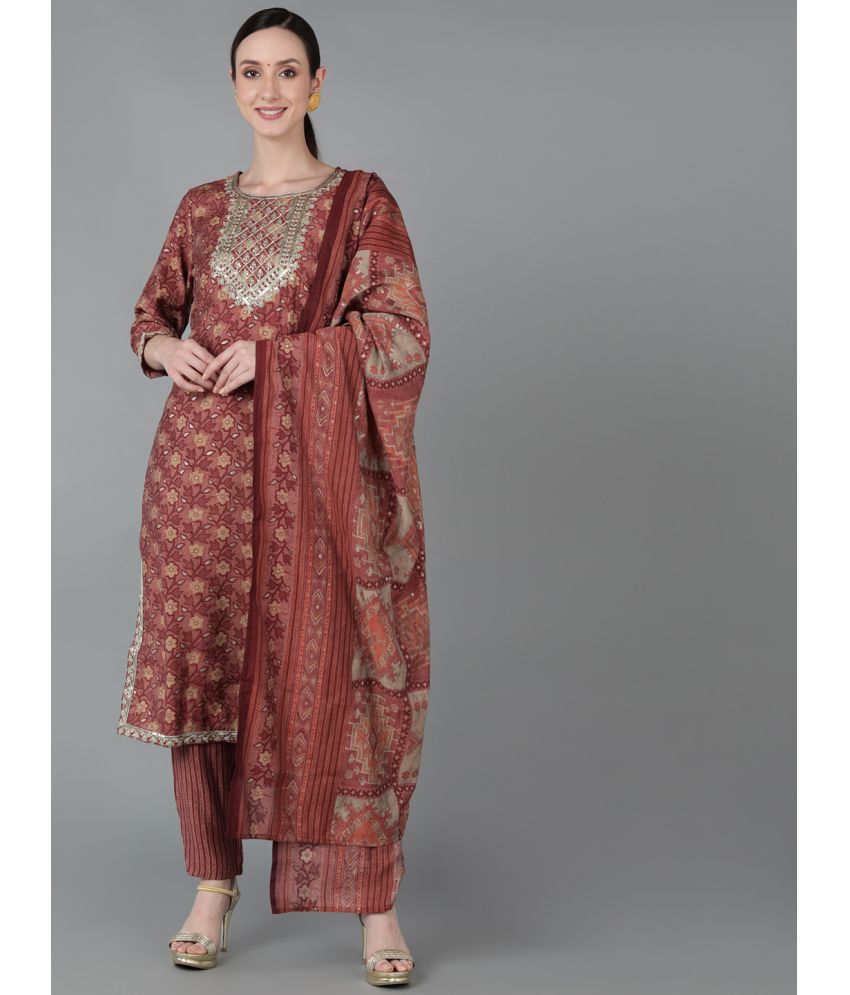     			Vaamsi Silk Blend Embroidered Kurti With Pants Women's Stitched Salwar Suit - Maroon ( Pack of 1 )
