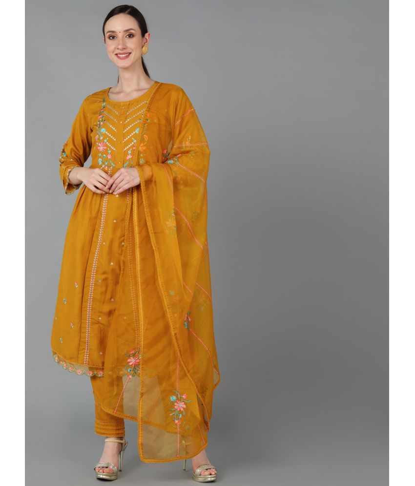     			Vaamsi Silk Blend Embroidered Kurti With Pants Women's Stitched Salwar Suit - Mustard ( Pack of 1 )