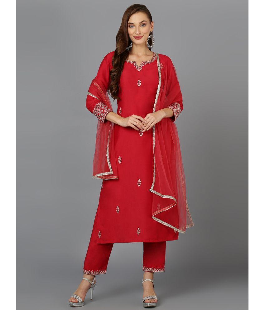     			Vaamsi Silk Blend Embroidered Kurti With Pants Women's Stitched Salwar Suit - Red ( Pack of 1 )