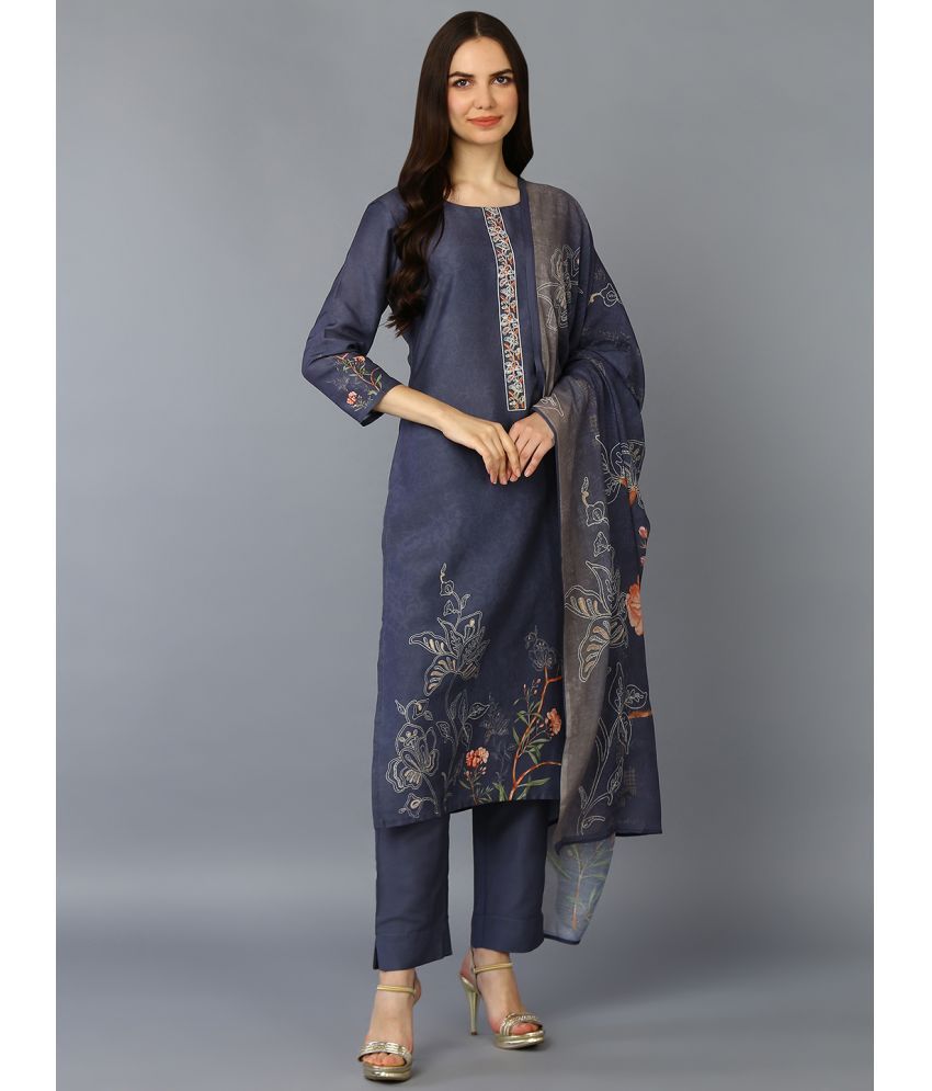     			Vaamsi Silk Blend Printed Kurti With Pants Women's Stitched Salwar Suit - Light Grey ( Pack of 1 )